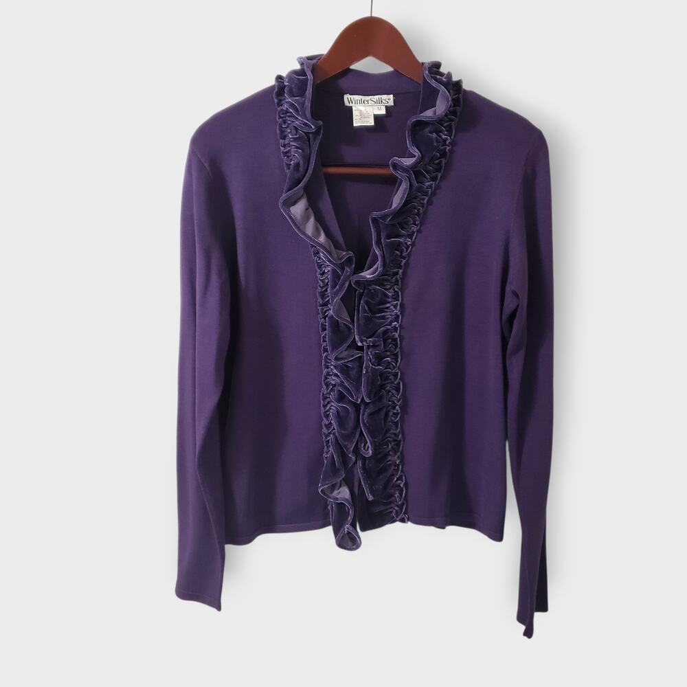 Wintersilks‎ Ruffle Velvet Trim Cardugan Purple Sz Med Whimsigoth Fairy Witchy